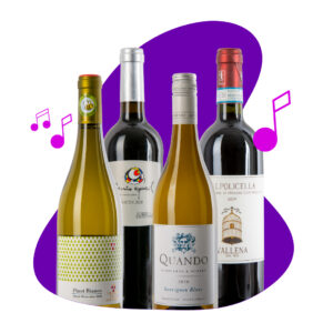 A mixed pack of four wines, two white wines and two red wines, with music notes in the background