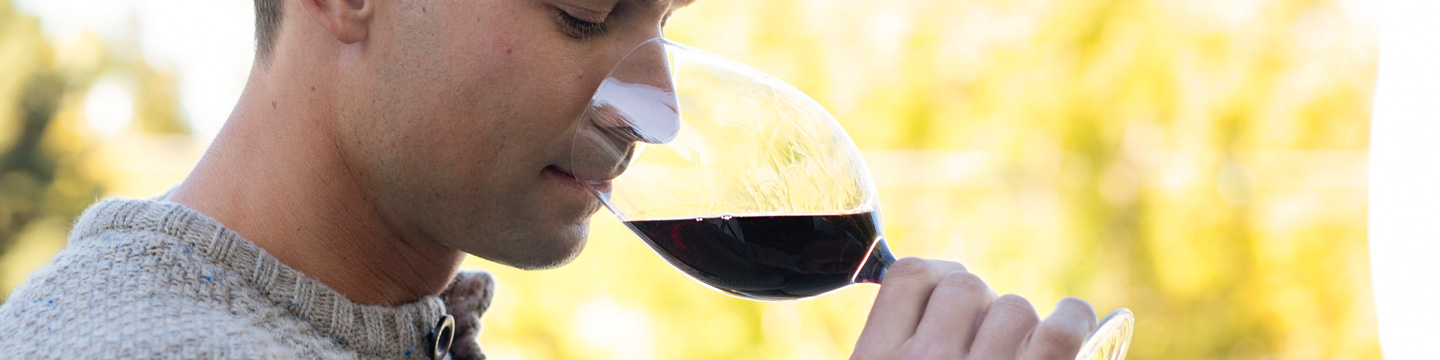 man sticking his nose in glass of red wine