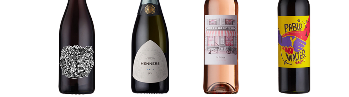 4 wine labels: Uva Non Grata Gamay, Henners Brut, Le Petit Bonbon, Pablo Y Walter